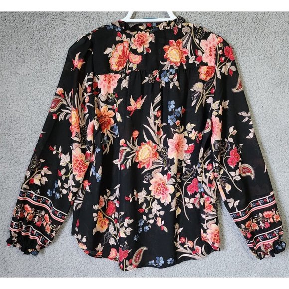 Loft Women's Long Sleeve Smocked V Neck Flowy Blouse Top Black Floral Size S - Picture 13 of 14